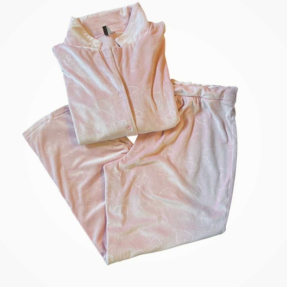Jaclyn Intimates Pink Heart Plush‎ Pajama Set Medium Top Pants Sleepwear